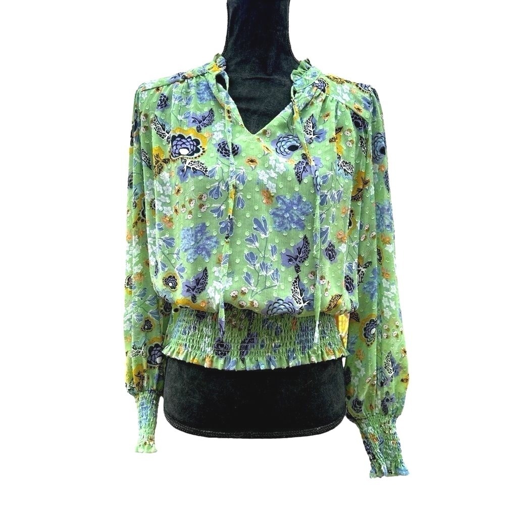 Rachel Zoe Green Floral Clip Dot Smocked‎ Blouse V-Neck Tie Long Sleeve Small